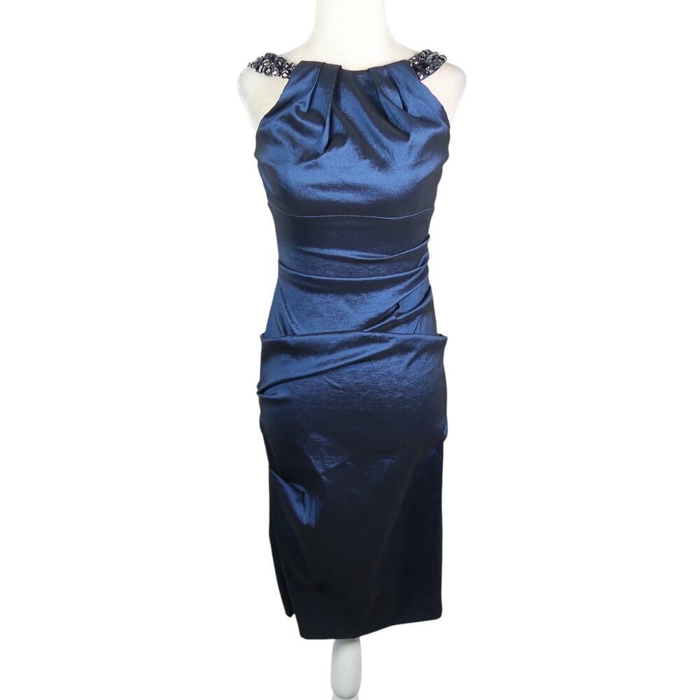 Vintage 90s Xscape Navy Blue Shiny Ruched Dress Cocktail Dress w/ Gems 4